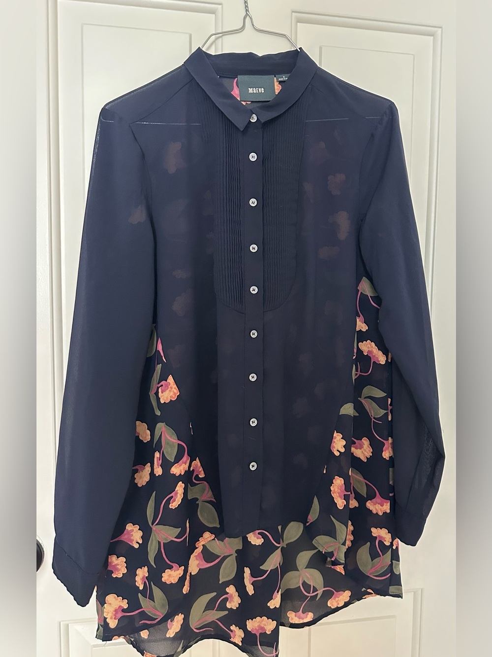 Maeve Sheer Navy Button-Front Shirt with Floral Panels